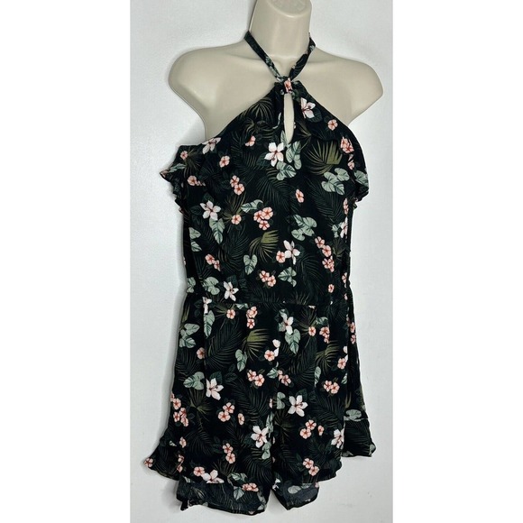 aeropostale womens Floral Black Tropical Halter Ruffle Romper Size XL NWT - Picture 2 of 7